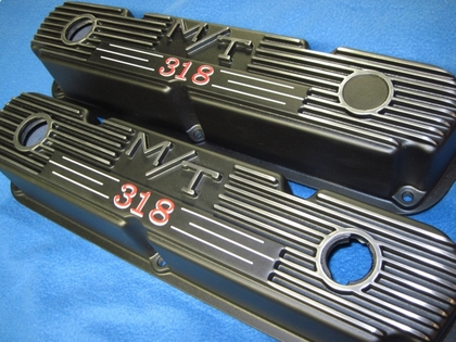 Custom one-off Mopar Mickey Thompson valve covers in Silk Satin Black with custom 318 callout decals prepared by Ace of Signs, Selinsgrove, Pennsylvania