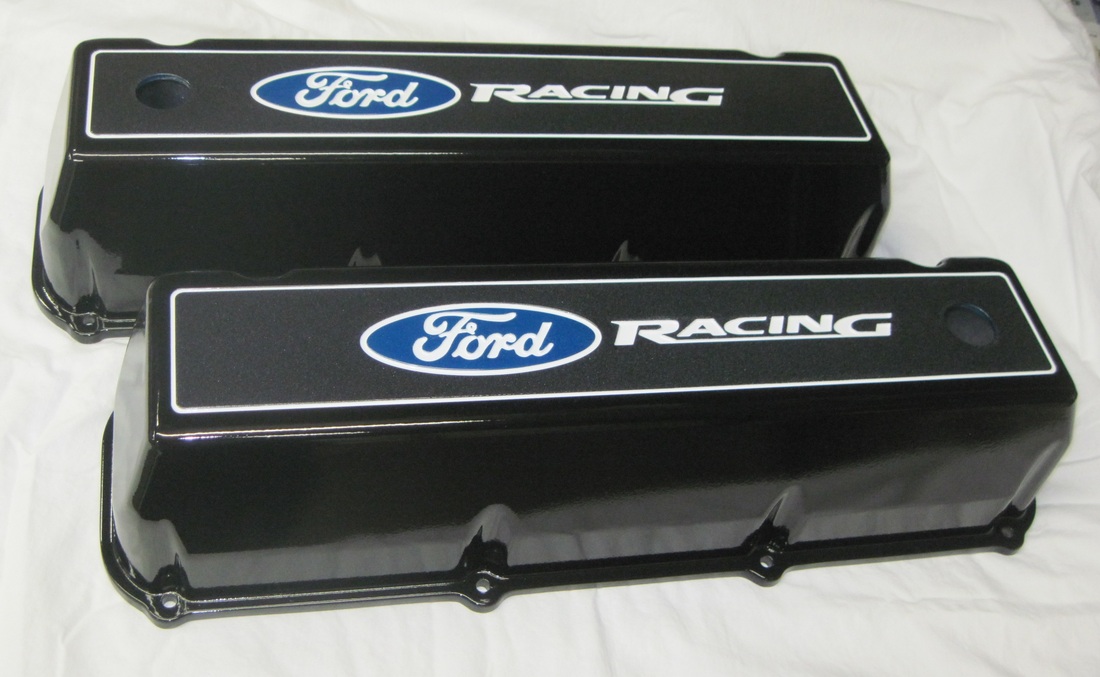Big block Ford Racing valve covers in Crystal Blue, Polar White, Ironsides II, Wetstone Black and Clear Vision