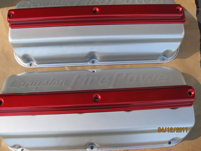 Chrysler FirePower hemi valve covers in Pacific Silver; covers in Wilder Red over Super Chrome