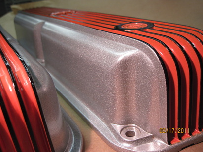 One-off Mopar Cal Custom valve covers in Alien Silver, Hemi Orange and Ink Black