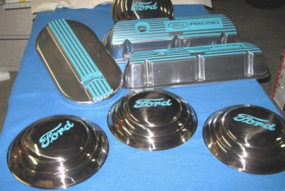 Custom baby moon hubcaps,  Ford Racing valve covers and Edelbrock air cleaner lid in Indian Turquoise