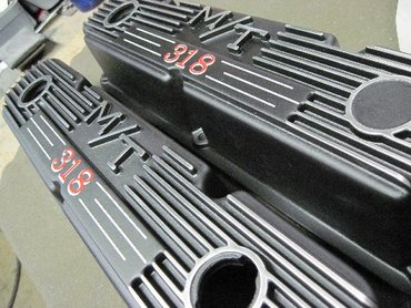 Small block Mopar M/T valve covers in Silk Satin Black with custom decals