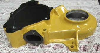 Close up of small block Mopar timing cover in Corsair Gold and Silk Satin Black